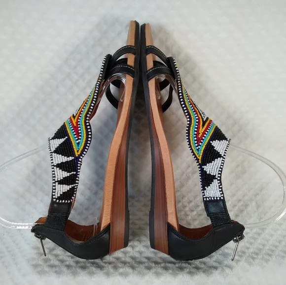 PIKOLINOS Spain Black Leather Sandals with Intricate Beadwork Sz 39